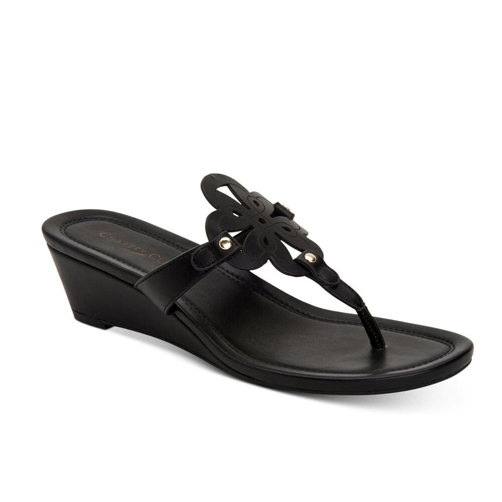 Charter Club Black Decorative Thong Wedge Sandals